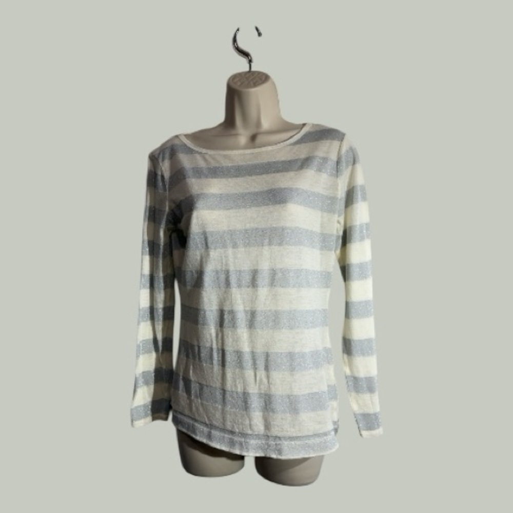 Limited Knit Top Silver Sparkle Stripes with Ivory Long Sleeves Size M